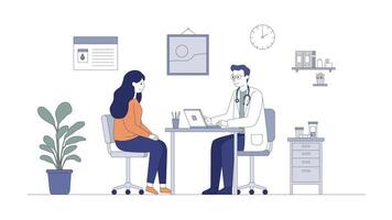 Flat illustration of a doctor consulting a female patient in a modern clinic office with minimal decor, laptop, plants, clinical furniture, calm muted colors. Professional and clean healthcare concept vector