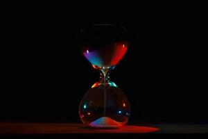 artistic glowing neon hourglass, symbolizing time and creativity. Vibrant lighting against a dark minimalist backdrop. Concepts of time management, life balance, and artistic design. photo