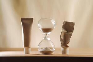 Hourglass with falling sand and empty and full cream tubes. Minimalist beige skincare aging concept photo