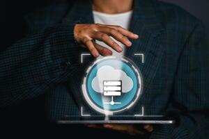 Visual representation of hosting with cloud technology, showcasing digital data management on a sleek tablet device. photo