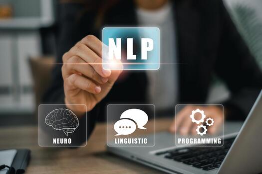 Visual representation of Neuro Linguistic Programming with digital icons and human interaction in a business setting. photo