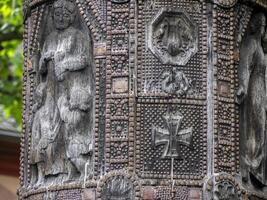 Nagelsaule wood column in Mainz Germany, detail close up erected during World War I as part of a German fundraising and propaganda campaign photo