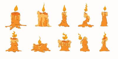 Creepy Melted Halloween Candle Clipart Set. Hand drawn dripping wax candles with flames. Perfect for spooky card, banners, invitations, web. vector