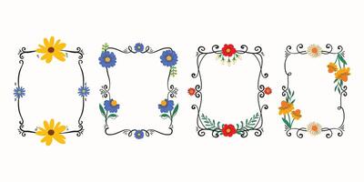 Hand Drawn Frame Collection with Cute Colorful Flower Heads and Leaves. Vintage doodle border perfect for invitations, labels, cards, web vector