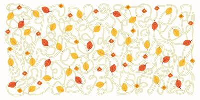 Hand Drawn Autumn Banner with Playful Squiggle Lines, Leaves and Flowers. Twisting vines with cute floral heads and foliage ideal for banners, posters, cards, invitations vector