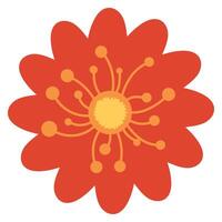 Cute Red Flower Head with Small Hand Drawn Decorations Isolated on White Background. Stylized floral icon in childish doodle style perfect for greeting cards, invitations, print, banners, web vector
