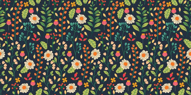 Seamless Floral Pattern with Hand Drawn Colorful Wildflowers, Leaves, and Berries on a Green Background. Botanical backdrop perfect for print, wrapping paper, cards, banners, web.