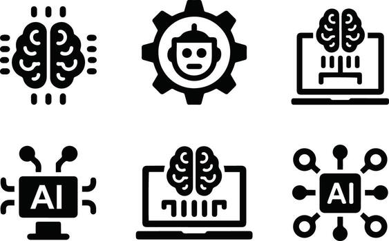artificial inteligencia y máquina aprendizaje icono conjunto y silueta estilo vector
