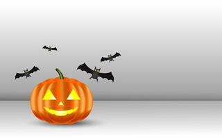 Happy Halloween banner. Festive background with realistic 3d orange pumpkins with flying bats. Horizontal holiday poster, header for website. vector