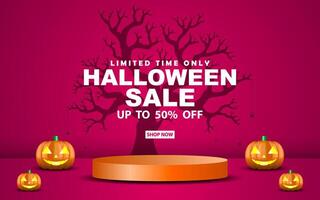 Halloween sale banner template featuring spooky background and elements with a podium display. Perfect for promotional banners, website backgrounds, vector