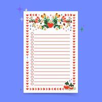 A template for notes decorated with wildflowers, berries and insects in bright colors. vector