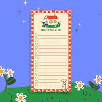 A shopping list template decorated with wildflowers and a cute house in bright colors. vector