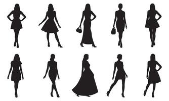 Black Silhouettes of Women in Various Dresses and Poses on White Background vector