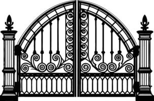 Ornate Wrought Iron Gate with Stone Pillars silhouette. vector