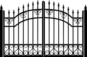 Ornate Iron Gate Black Metal Entryway with Scrollwork and Spikes silhouette. vector
