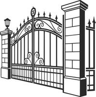 Ornate Wrought Iron Gate with Stone Pillars and decorative side fencing design style vector