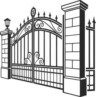 Ornate Wrought Iron Gate with Stone Pillars and decorative side fencing design style