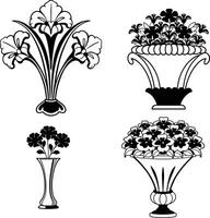 Elegant Black and White Floral Arrangements in Ornate Vases silhouette. vector