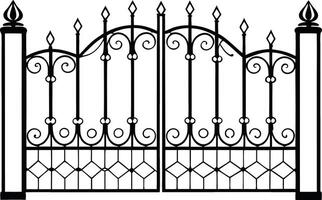 Ornate Black Metal Gate with Decorative Scrollwork decorative fence silhouette vector