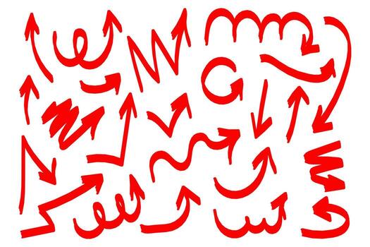 Hand drawn Grunge Red Arrows Set. Brush Stroke Directional Elements Collection. Perfect for infographics, user interface elements, presentations, highlight design, or creative layouts. Isolated on vector