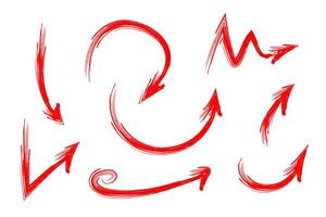 Hand drawn Red Grunge Arrows Set. Brush Stroke Directional Elements Collection. Doodles, swirls, zig zags. Perfect for infographics, user interface elements, presentations, highlight design, or vector