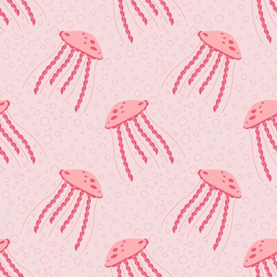 Seamless pattern with jellyfish. Background with sea creatures in flat style. Marine seamless pattern for fabric, textiles, clothing, wrapping paper, cover, banner, home decor, abstract background.