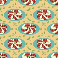 Seamless food pattern. Caprese salad in plates. Hand drawn food on yellow background. Colorful combination for fabric, textiles, clothing, wrapping paper, cover, banner, home decor. vector