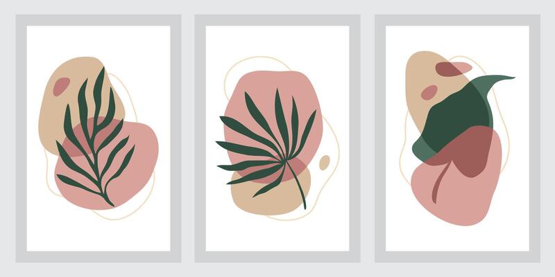 Contemporary art poster collection in pastel colors. Abstract paper cut geometric elements and strokes, leaves and flowers. Great designs for social media, postcards and prints.