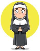 Cute Cartoon Nun Standing with Hands in Prayer on Yellow Background vector