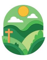 Christian Cross on Green Hills Landscape with Sun and Clouds in Paper Cut Style vector