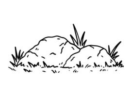 Stones in the grass isolated on a white background. hand-drawn illustration in outline style. Landscape sketch. Perfect for decorations, logo, various designs. vector