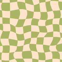 Wavy checkerboard background in green and beige tones. Retro-style distorted squares with a funky and groovy visual effect.Perfect for vintage posters, print, banners and projects with a 70s aesthetic vector
