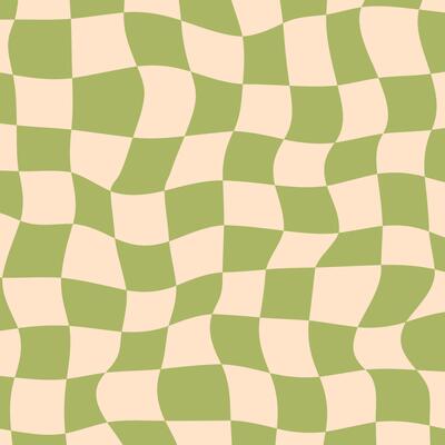 Wavy checkerboard background in green and beige tones. Retro-style distorted squares with a funky and groovy visual effect.Perfect for vintage posters, print, banners and projects with a 70s aesthetic