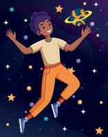 Child floating in space with planets vector