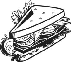 A black and white drawing of a sandwich with lettuce and tomatoes vector