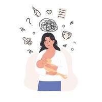 Overwhelmed new mother facing multiple responsibilities and mental load during postpartum recovery. Flat Style Illustration for maternal wellness, parenting blogs and perinatal support services vector
