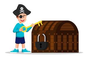 Boy using the pirate attribute and holding the big key to open the treasure vector