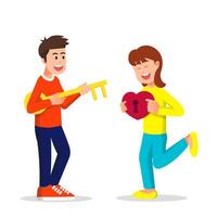 Romantic man holds the big key to open a womans heart vector