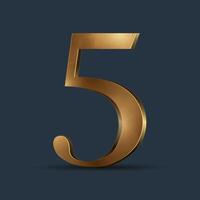 3D golden number five. Glossy metallic digit with reflections. Premium ancient typography for anniversary, award, or VIP concept. Design graphic for any layout or advertising. vector