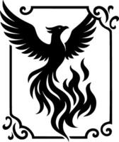 Stunning phoenix illustration with rising fire wings, presented in a decorative frame in a black and white silhouette style. vector