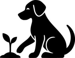 Dog planting young sapling, symbolizing loyalty and care for nature in a black and white silhouette design vector