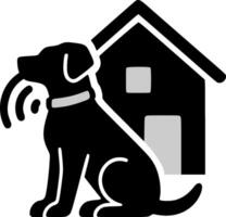 A simple silhouette illustration of a loyal dog sitting in front of a house with a smart collar, symbolizing smart home security vector