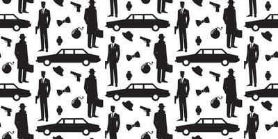 Seamless pattern Agent or spy silhouette, gun, car vector