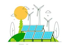 Illustration of Solar Power Farm with Alternative Energy Systems and Wind Turbines in Flat Cartoon Background vector