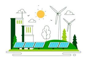 Green Energy Source Illustration with Solar Panels, Wind Generators, and Storage Batteries vector