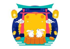 Flat Cartoon Illustration of Rabbits Enjoying Mooncake Festival with Lanterns Under Full Moon vector