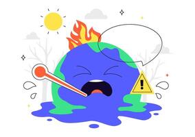 Flat of Global Warming Alert with Red Thermometer and Earth on Fire vector