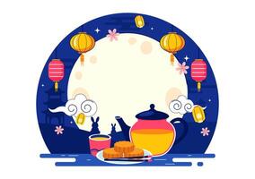 Mid-Autumn Festival Celebration with Rabbits Holding Lanterns and Mooncakes Under the Full Moon vector