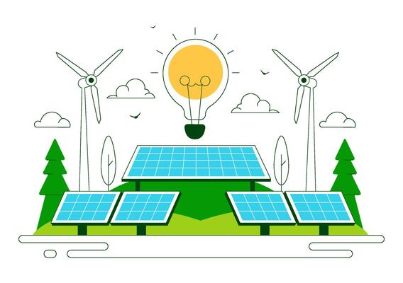 Renewable Energy Illustration with Solar Farms, Wind Turbines, and Battery Storage in Flat Cartoon Style