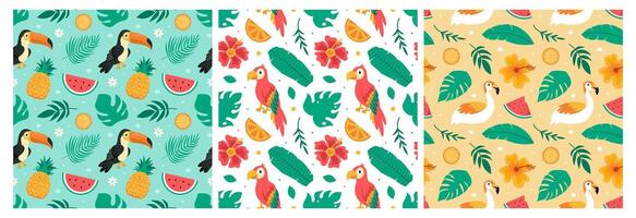 Tropical patterns with birds and fruits vector